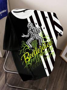 Beetlejuice X SHEIN 男士條紋字母印花圓領短袖休閒T恤 - 白色 - 查看 1