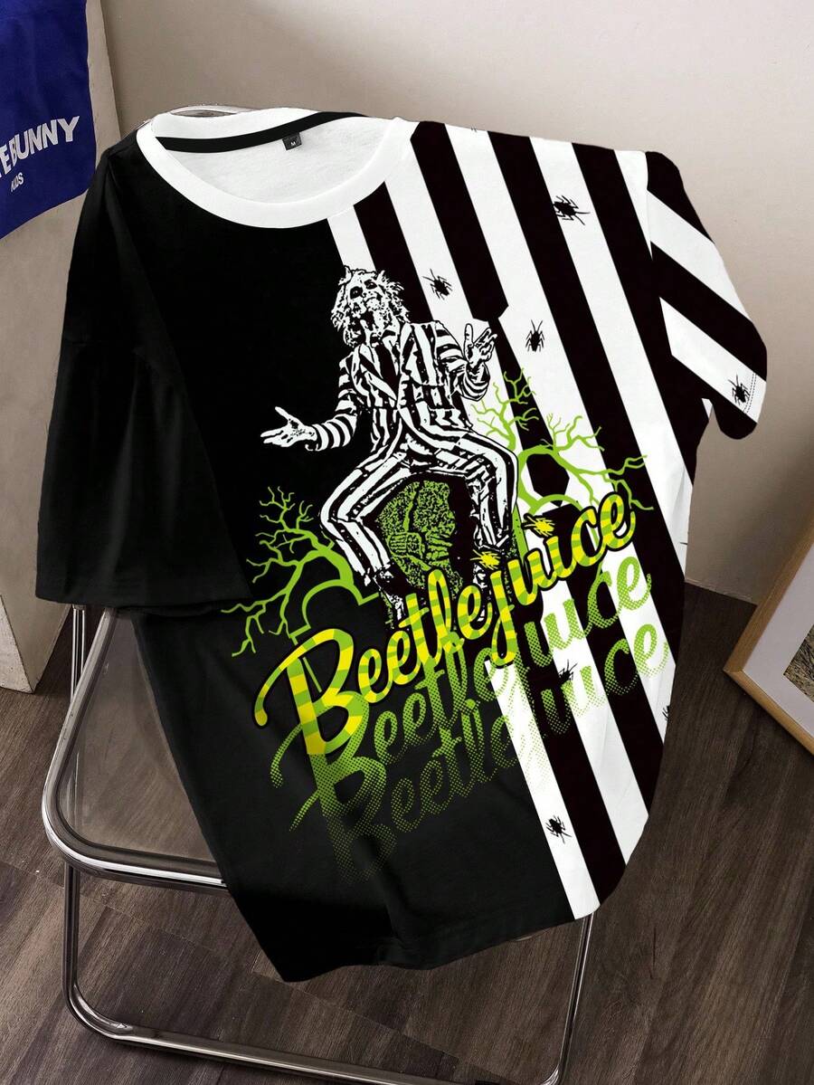 Beetlejuice X SHEIN 男士條紋字母印花圓領短袖休閒T恤 - 白色 - 查看 1