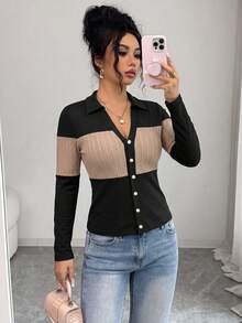 GlowEve CURVE Women's Fashion Elegant Long Sleeve Turn Collar Colorblock Button T-Shirt, Suitable For Daily Commute And Home Wear - Black - View 5