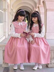SHEIN 青少年女孩休閒日常百搭舒適甜美洋裝，附可愛蝴蝶結、蕾絲飾邊、方領開胸設計，適合日常穿著、度假、通勤、優雅穿搭、返校 - 粉色 - 查看 2