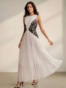 Anewsta Women's New Elegant Round Neck Sleeveless Contrast Lace Sundress, Slimming Design Suitable For Wedding, Party Dinner Bar Events White And Black Summer - White - View 8
