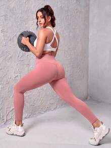 Gameset SHEIN Sport Plus-Size High-Elasticity Tummy Control Leggings, Wide-Waisted Yoga Pants For Women. - Pink - View 5
