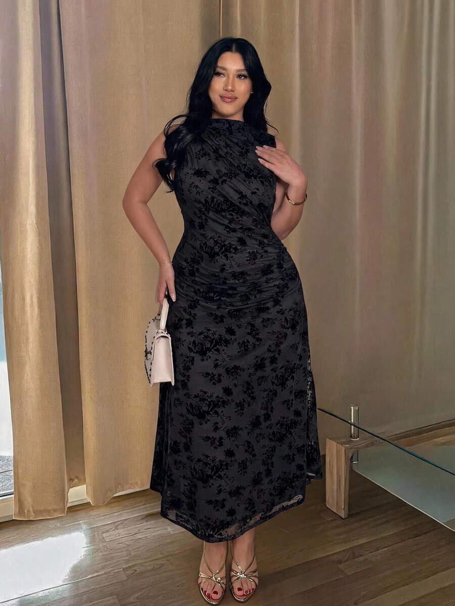 Firerie Plus Size Spring/Summer New Arrival Stand Collar Sleeveless Ruched Flared Hem Elegant Romantic Date Business Evening Tea Party Cocktail Dress Black