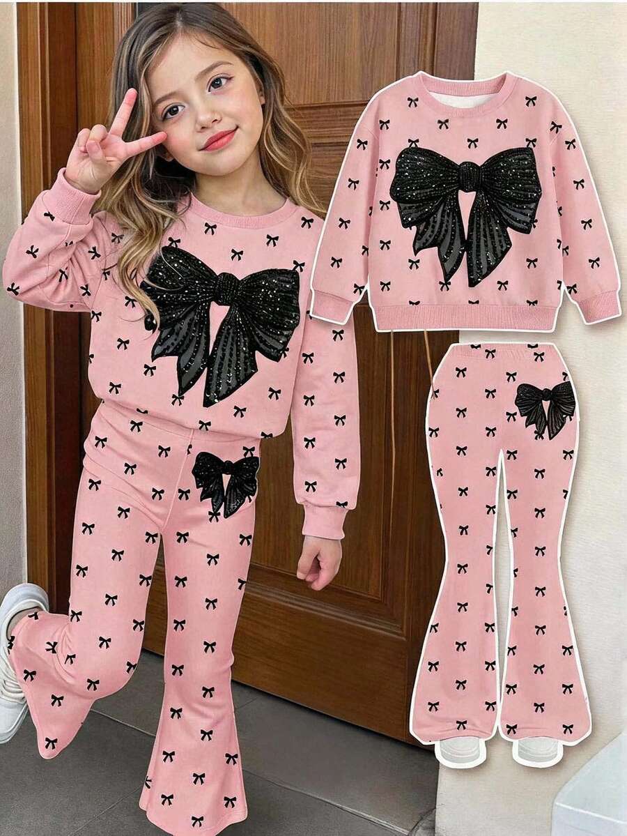 SHEIN Young Girl Bow Print Rhinestone Decor Round Neck Long Sleeve Sweatshirt And Flared Pants Set Nursery Birthday Cherry Autumn Baby - Multicolor - View 1