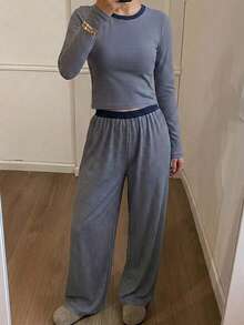 DAZY 條紋修身長袖T恤與直筒長款睡褲2件組女款居家服秋季 - 藍色 - 查看 6