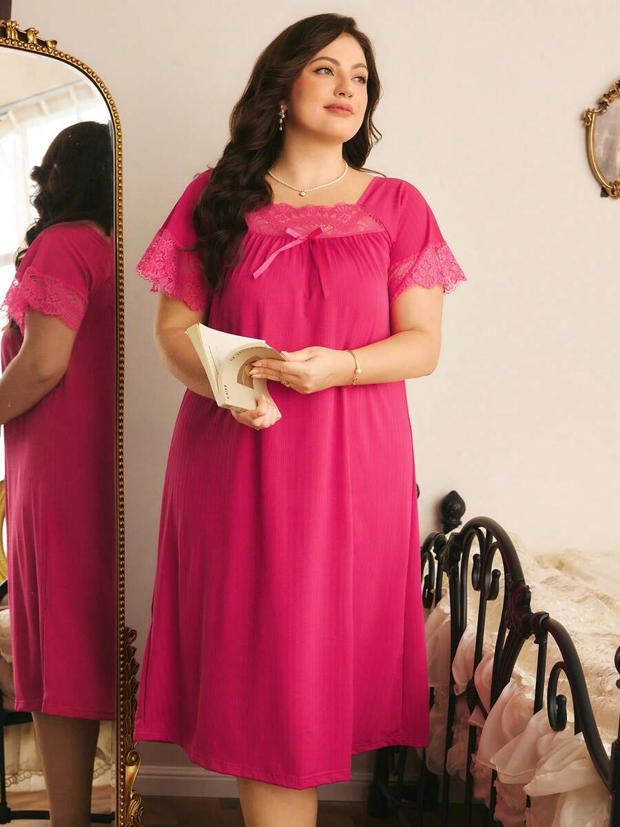 Côtesoire Comfortable Knitted Ribbed Casual Home Lace Patchwork Minimalist Long Loose Plus Size Nightgown - Hot Pink - View 1