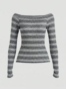 SHEIN BASICS 女款條紋露肩長袖休閒T恤 - 黑與白 - 查看 2