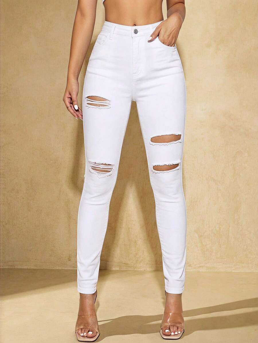 Selenza Black Slant Pocket Ripped Skinny Jeans - White - View 1