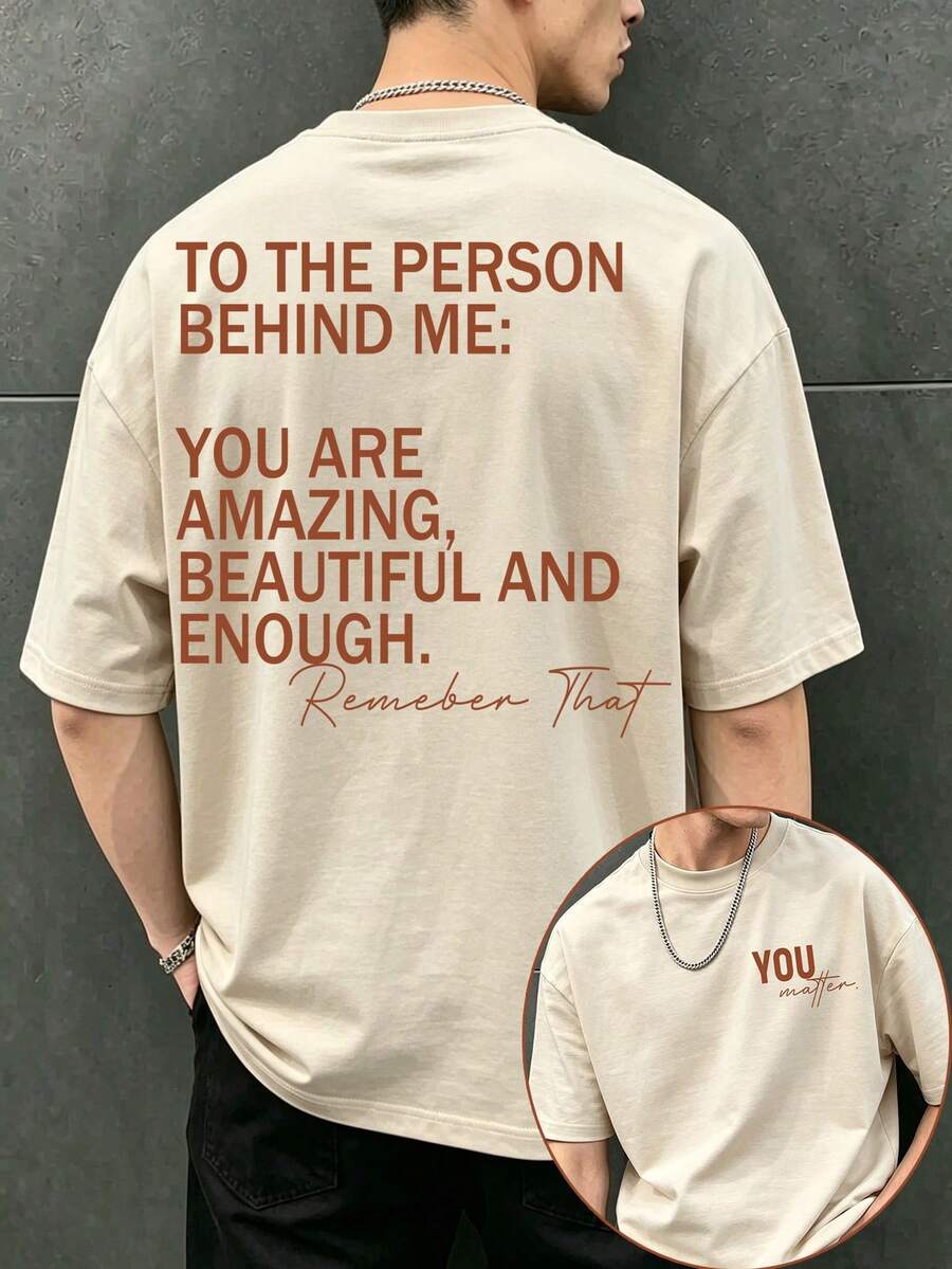 Resyla Men 男士夏季印花短袖T恤「You Are Amazing, Beautiful And Enough」印花,休閒街頭風米色度假假日款 - 黑色 - 查看 1