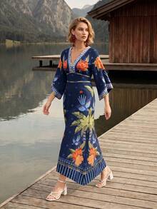 CAJUNI 女款度假風金剛鸚鵡與棕櫚樹刺繡洋裝 - 藏蓝色 - 查看 3