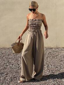 DAZY Women's Solid Color Ruched Bandeau Top And Long Pants Casual Tropical Daily 2 Pieces Set Summer Vacation Khaki - Brown - View 3