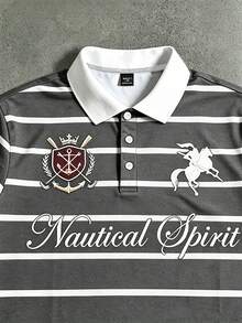 STYNVO 男士條紋字母騎士印花休閒日常短袖 Polo 衫 - 深灰色 - 查看 3