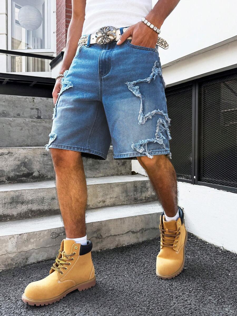 Manfinity EMRG Men's American Hip-Hop Street Style Star Patch Raw Hem Loose Wide Leg Pants - Medium Wash - View 1