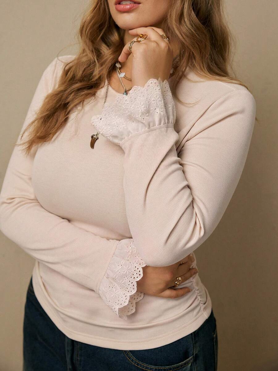 Freevana 大尺碼女款素色杏色蕾絲飾邊羅紋軟綿修身彈性基礎內搭T恤,優雅休閒日常外出,秋冬款 - 杏色 - 查看 1