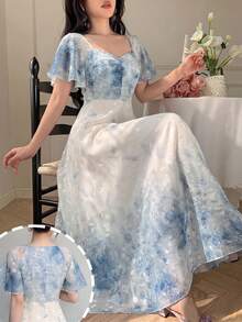 Modelyn Spring/Summer Gentle Style Romantic Elegant Gradient Blue And White Floral Print Pleated Dress Vacation - Multicolor - View 12
