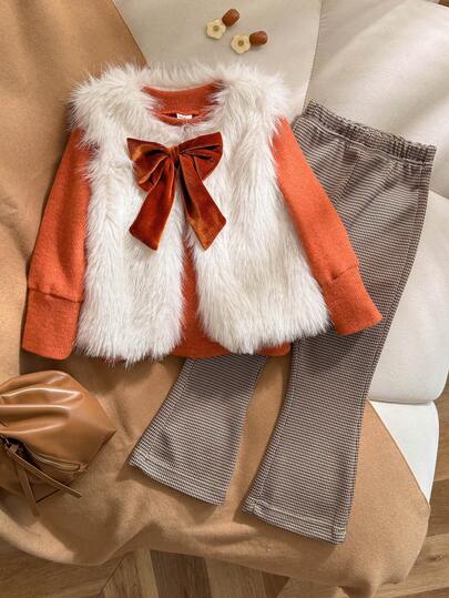 3pcs/Set Young Girls Autumn/Winter New Ribbed High Neck Long Sleeve Base Layer Top, Flared Long Pants, Long Plush Vest With Bow Decor, Elegant Noble Casual Versatile Fashion Birthday Party Outfit
