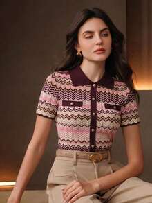 Anewsta Women's Chic Retro Style Multi-Color Patchwork Exquisite Button Short Sleeve Work Knit Top Summer - Multicolor - View 1