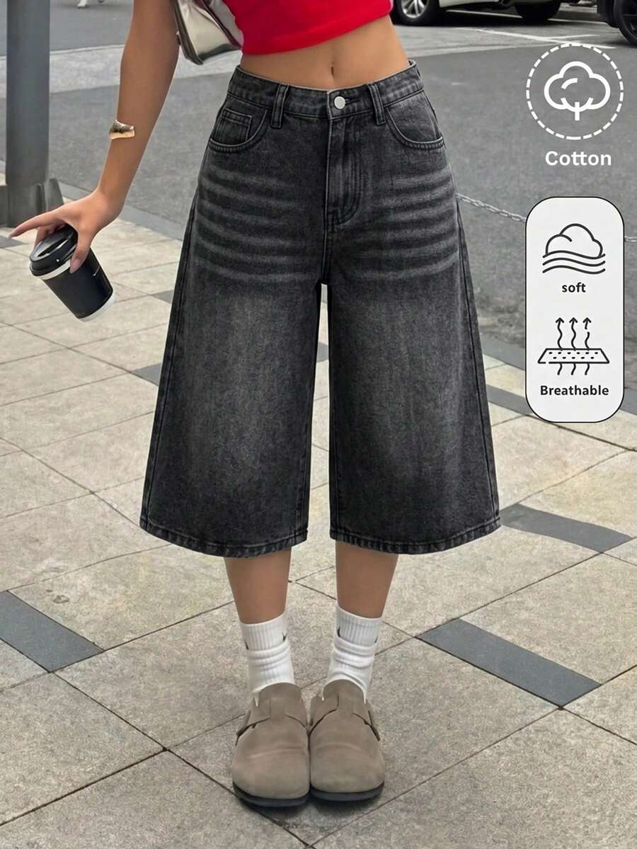 SHEIN 青少年女孩休閒日常牛仔寬鬆寬腿褲,附口袋與鈕扣設計 - 黑色 - 查看 1