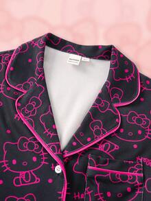 HELLO KITTY AND FRIENDS | SHEIN 少女卡通印花上衣與短褲居家服 - 黑色 - 查看 5