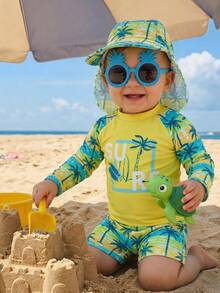 Baby Boy Coconut Tree Print Long Sleeve Top, Shorts And Sun Protection Hat 3-Piece Swimsuit Set, Suitable For Beach, Swimming And Vacation - Yellow - View 2