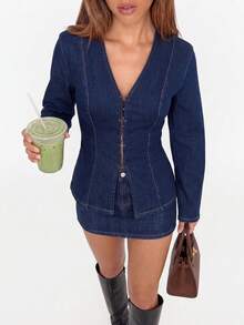 Avantive Women's Long Sleeve Front Button Fashion Denim Top - Dark Wash - View 5