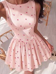 Sunnyshic Women's Spring/Summer Sweet Pastoral Vacation Versatile Fashion Street Party Plaid Cherry Open Back Sleeveless Cinched Waist A-Line Mini Dress - Baby Pink - View 6