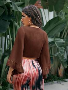 SHEIN VCAY Women's Solid Color Deep V-Neck Front Knot Bell Sleeve Cropped Top For Vacation - Brown - View 2