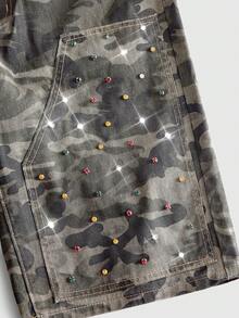 ROMWE MEN Men's Washed Loose Casual Beaded Camouflage Bermuda Shorts - Army Green - View 4