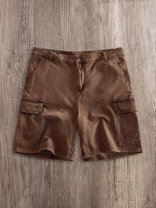 Manfinity Joysei Plus Size Men's American Style Multi-Pocket Flap Pocket Denim Shorts - Coffee Brown - View 1
