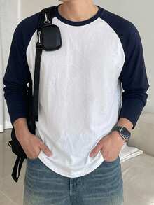 DAZY Men's Crew Neck Contrast Color Casual Versatile Daily Wear T-Shirt - Navy Blue - View 9