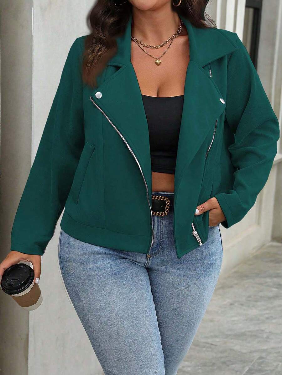 SHEIN LUNE Plus Size Women's Solid Color Zipper Front Casual Motorcycle Jacket Fall - Teal Blue - View 1