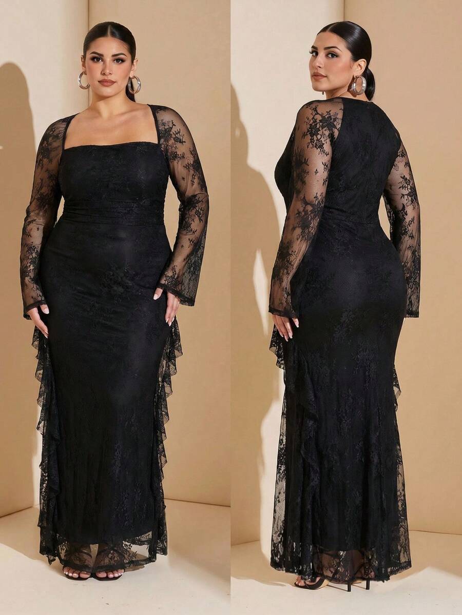 SHEIN BAE CURVE 大尺碼女款對比蕾絲荷葉邊優雅洋裝