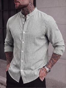 Calvornis Loose Fit Men Solid Button Up Shirt - Light Grey - View 1