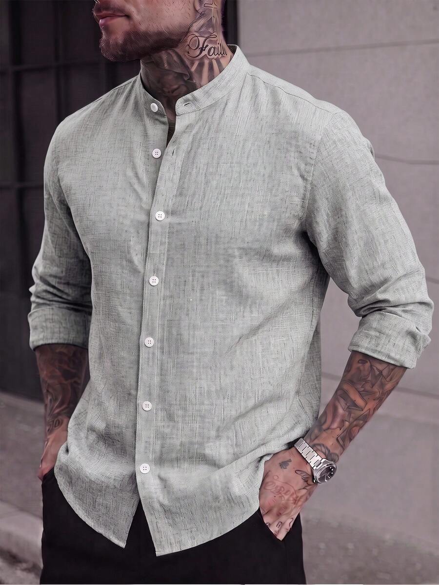 Calvornis Loose Fit Men Solid Button Up Shirt - Light Grey - View 1