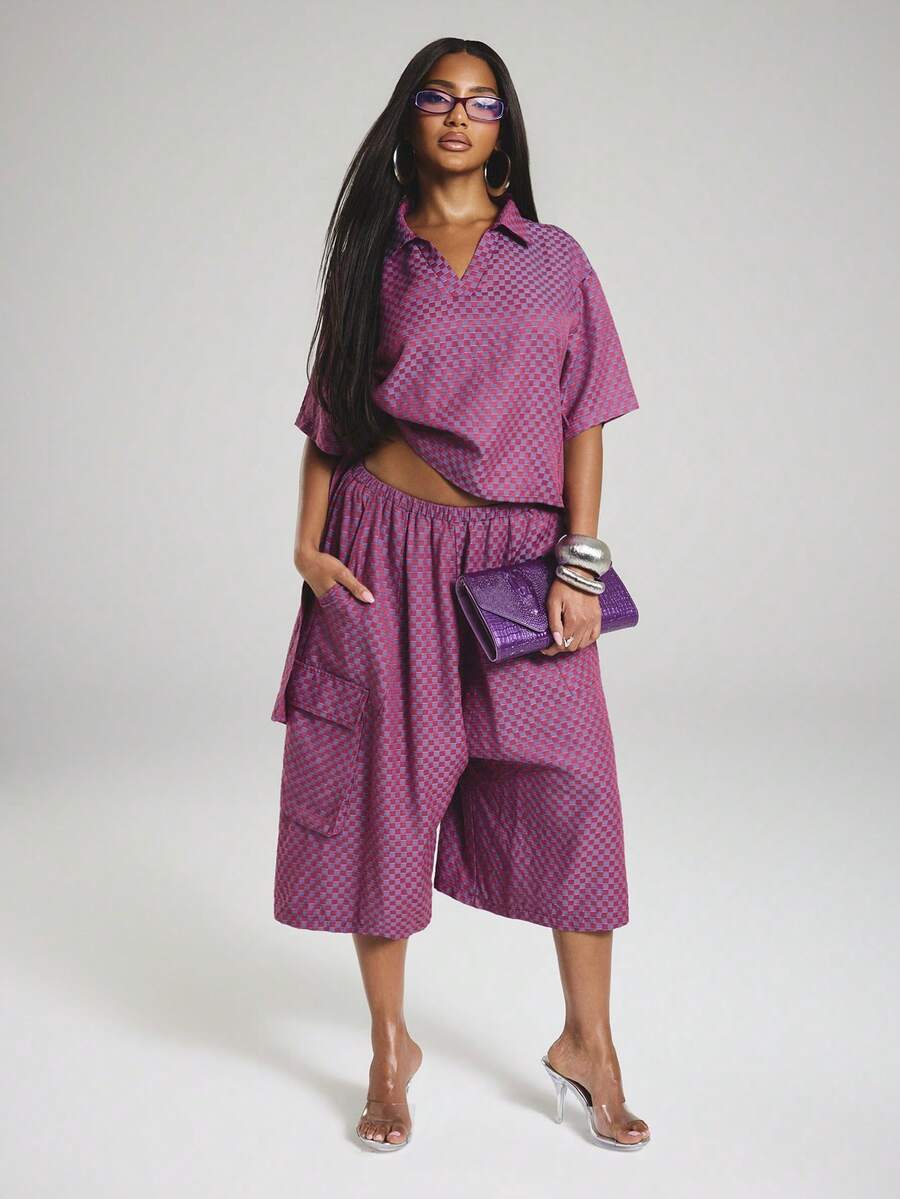 NYA SZN شورت كارغو نسائي واسع الساق بقصة فضفاضة وخصر مطاطي بنقشة مربعات - متعدد الألوان - مشاهدة 1