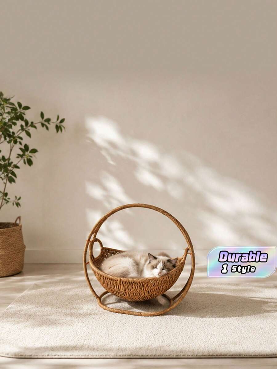 手工編織貓吊床，易於組裝，適合小貓、幼貓及其他小型寵物使用的舒適室內寵物床，時尚家居裝飾，附框架吊床 - 均碼 - 查看 1