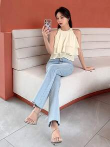 DAZY Solid Layer Ruffle Trim Chiffon Blouse,Crop Tops Women Going Out Tops - Beige - View 6