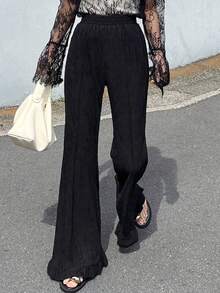 DAZY Women's Fashion Versatile Textured Elastic Waist Ruffle Hem Long Pants - Black - View 4