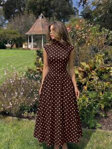 Skyraze Women's Brown And White Polka Dot High Neck Long Knit Dress Dinner Party Summer Vintage Elegant - Brown - View 2