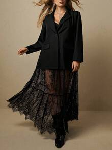Freevana Plus Size Women Elegant Black Long Sleeve Suit Jacket And Sheer Lace Maxi Skirt Two Pieces Set Outfits Fall - Black - View 1