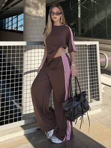 BiaLiraa Women's Summer New Vintage Brown Woven Strap Patchwork Casual Loose 2 Pieces Set Elegant - Brown - View 4