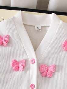 Elladie kids Tween Girls Sweet & Gentle 3D Handmade Crochet Bow Decor Pure White & Light Pink Contrast Vertical Ribbed Knit Soft Skin-Friendly V-Neck Single-Breast - Pink - View 6