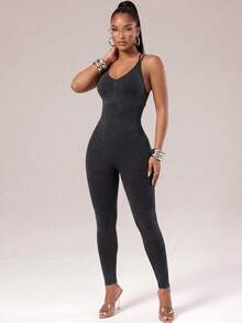 Radiana Women's Camisole Capris Backless Sports Jumpsuit Fitness & Gym  Running Yoga Pitalles Indoor Outdoor Active - Dark Grey - View 4