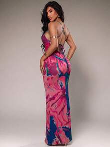 Radiana Damen Sexy Sommer Spaghetti-Träger V-Ausschnitt bedrucktes Kleid mit gekreuztem Bindeband am Rücken, offenem Rücken, figurbetont, vielseitig kombinierbar, für lässigen Alltag, Shopping, Treffen, Urlaub, Strand, Dating, Geburtstag, Abschluss, Insel, Musikfestival, Hausparty, Party - marineblau - Übersicht 3