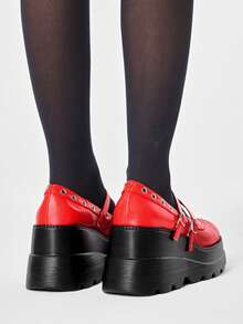 ROMWE Women's Red Multi-Pocket Punk Gothic Mary Jane Shoes, JK Style Leather Thick Sole Loafers Fall Shoes - Red matte - View 5