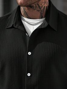 Genlund 大尺碼男士 2件組 素色紋理休閒修身短袖襯衫與彈性抽繩直筒短褲套裝 - 黑色 - 查看 3