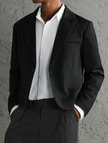Manfinity Roghcode 男士黑色鏤空短版西裝外套，修身短款西裝夾克，適合秋季晚宴派對與正式場合氛圍上衣，送給丈夫/男友的禮物 - 黑色 - 查看 3