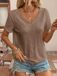 SHEIN Frenchy 夏季婚禮早午餐度假季露背蕾絲拼接上衣 T-shirt 法式休閒優雅摩卡棕 - 摩卡棕 - 查看 4