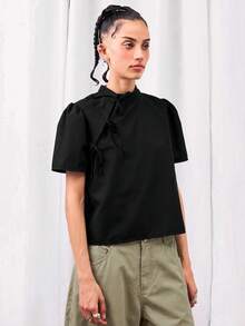 COUREZ Puff Sleeve Top With Tie Detail, Y2K Cute Tops Y2K Fall Autumn Clubbing Black Top - Black - View 4