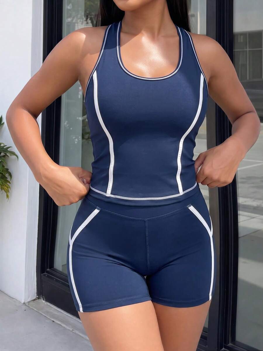 BamGleam Women's 2-Piece Sporty Casual Set, Blue & White Colorblock Slim Fit Split Line Racerback Tank Top And Tight Butt-Lifting Curved Back Shorts - Navy Blue - View 1